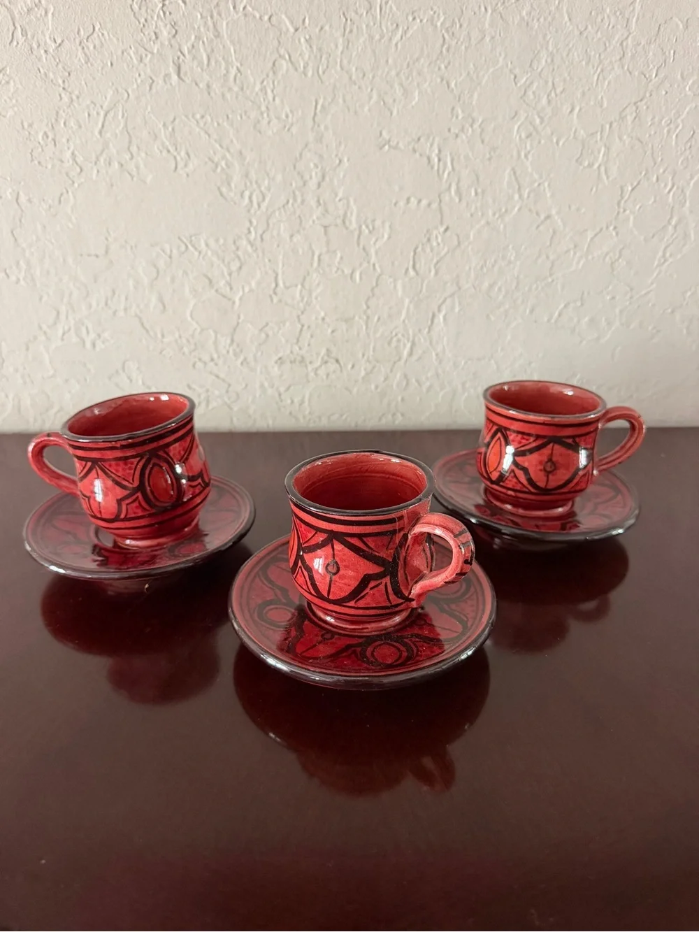 Moroccan Hand Painted Ceramic Espresso Demitasse Cups Saucers Set of 3